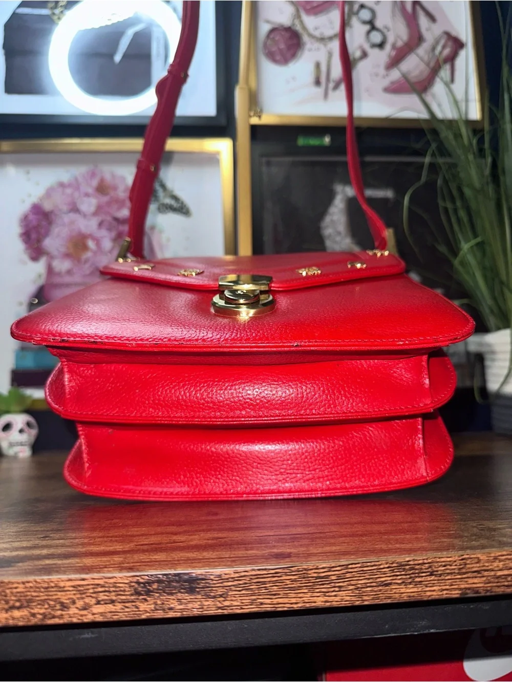 MCM Patricia Red Pebbled Leather Crossbody Bag Gold Studs  Vintage